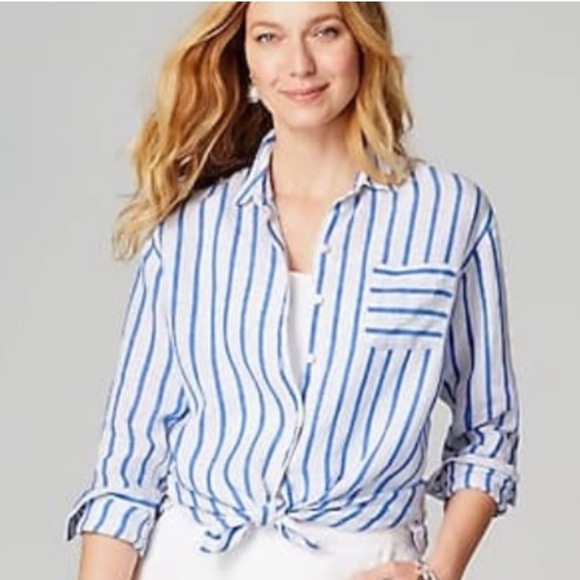 J. Jill Love Linen Easy Blue and White Striped Button Up Shirt- size 1X - Picture 2 of 12